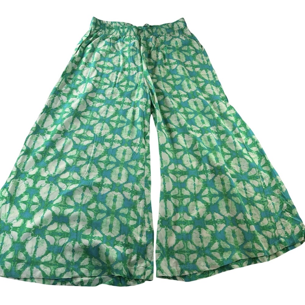 Utsa Women's Size XLarge Wide Leg Green & Turquoise Block Print Drawstring Pants